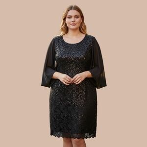 Connected Apparel Dress Sequins Sheer Sleeve Black